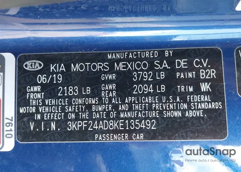 2019 Kia Forte Lxs from USA, damaged, VIN 3KPF24AD8KE135492